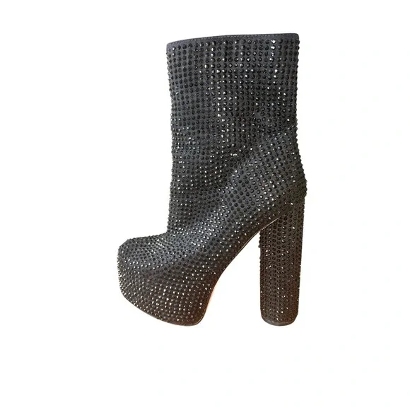 Lemon Drop Octavio Black Bling Platform Chunky Heel Boots 5.5 High Streetwear - Picture 2 of 8